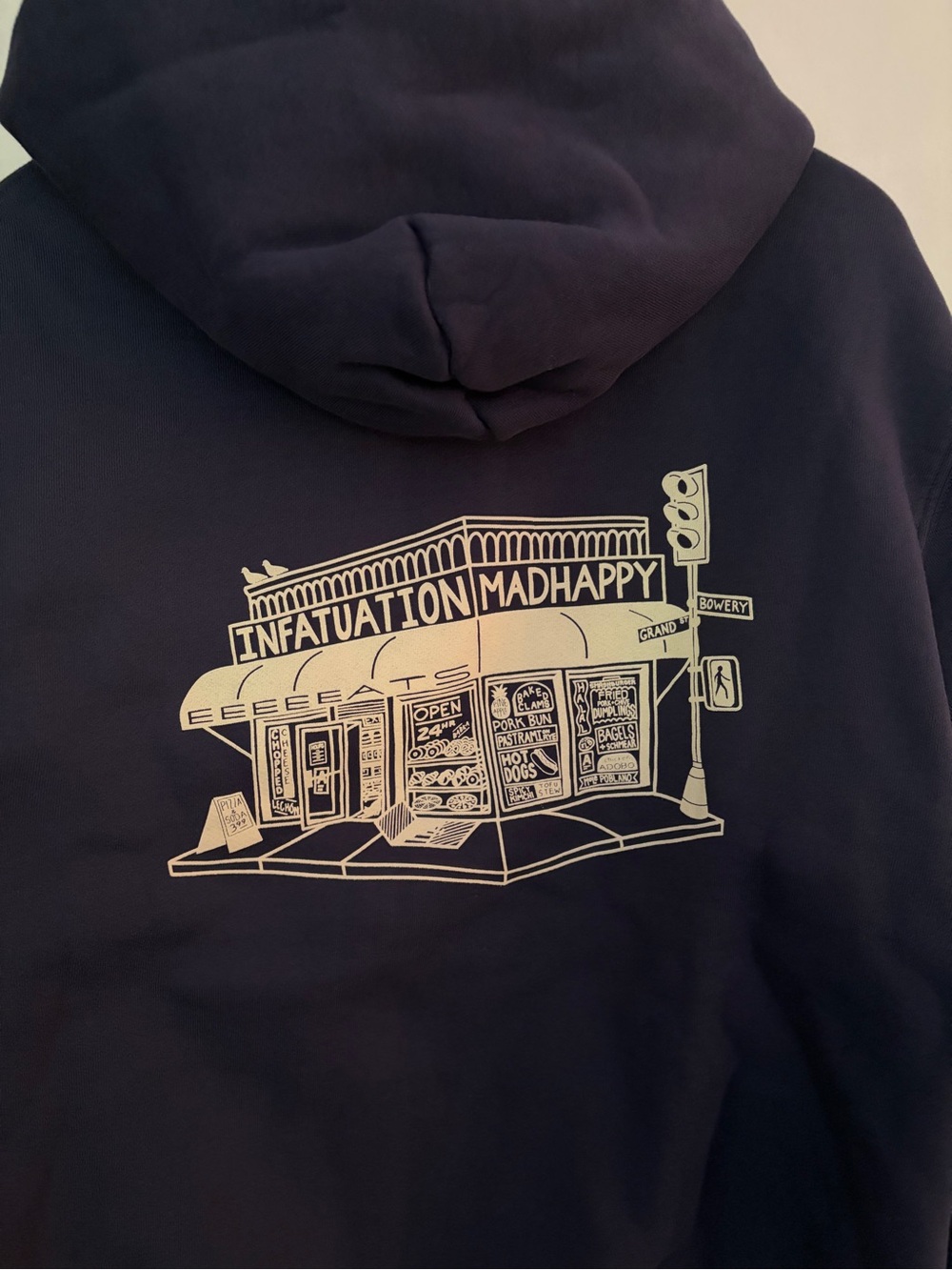 Graphic Navy Hoodie with Cream Diner Illustration